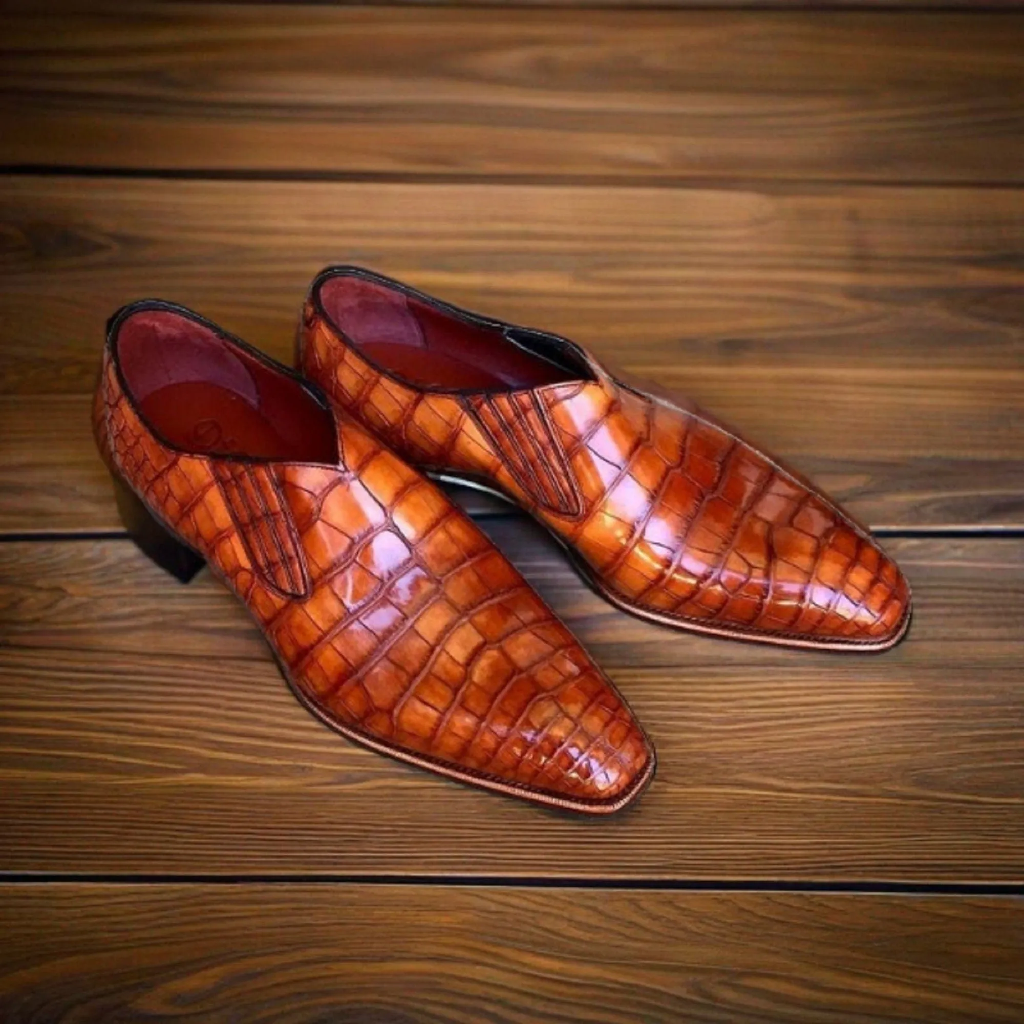 Men's Classic Handmade Brown Tan Crocodile Texture Leather Dress Shoes  Loafer Stylish Slip On Moccasin Shoes