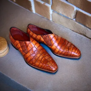 Men's Classic Handmade Brown Tan Crocodile Texture Leather Dress Shoes  Loafer Stylish Slip On Moccasin Shoes