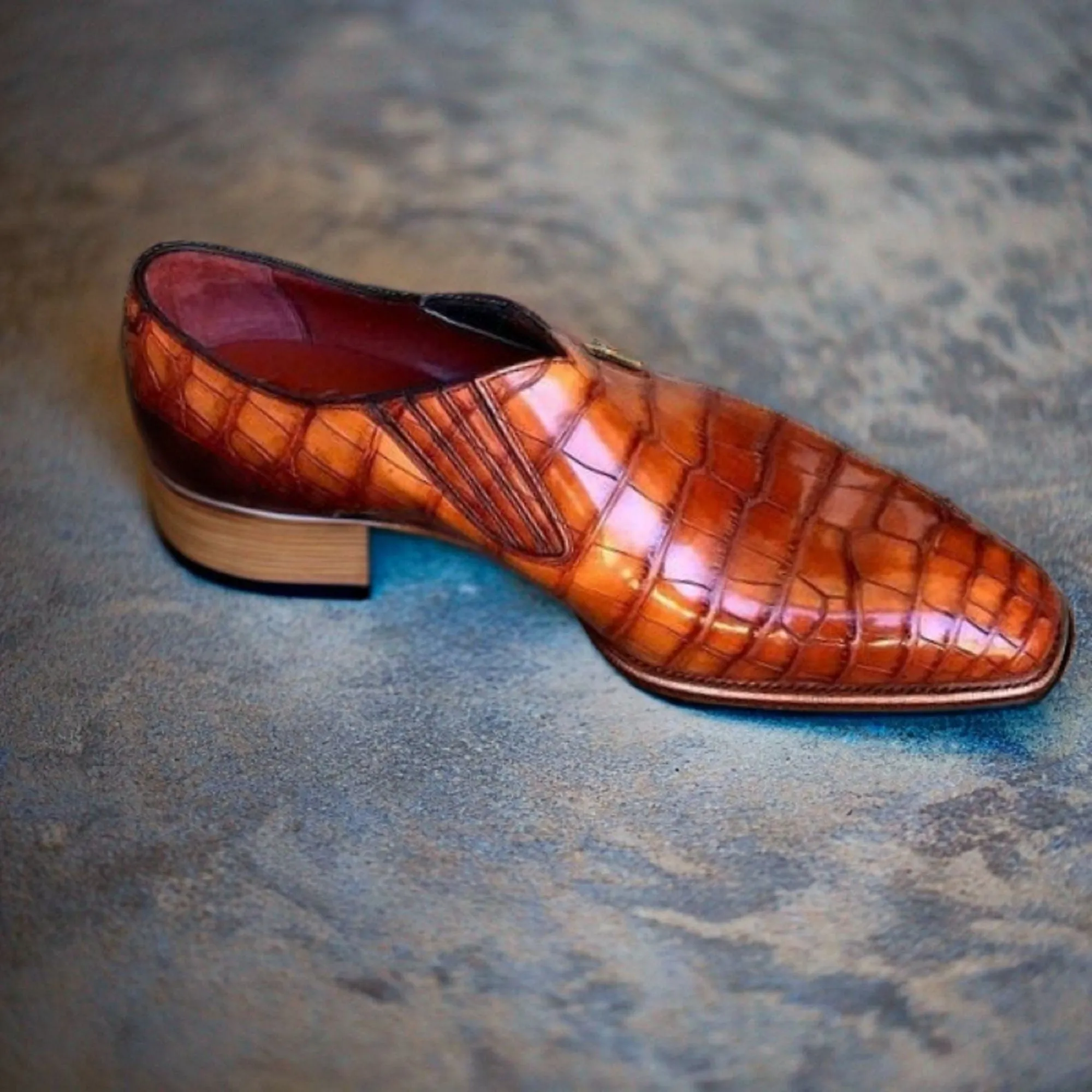 Men's Classic Handmade Brown Tan Crocodile Texture Leather Dress Shoes  Loafer Stylish Slip On Moccasin Shoes