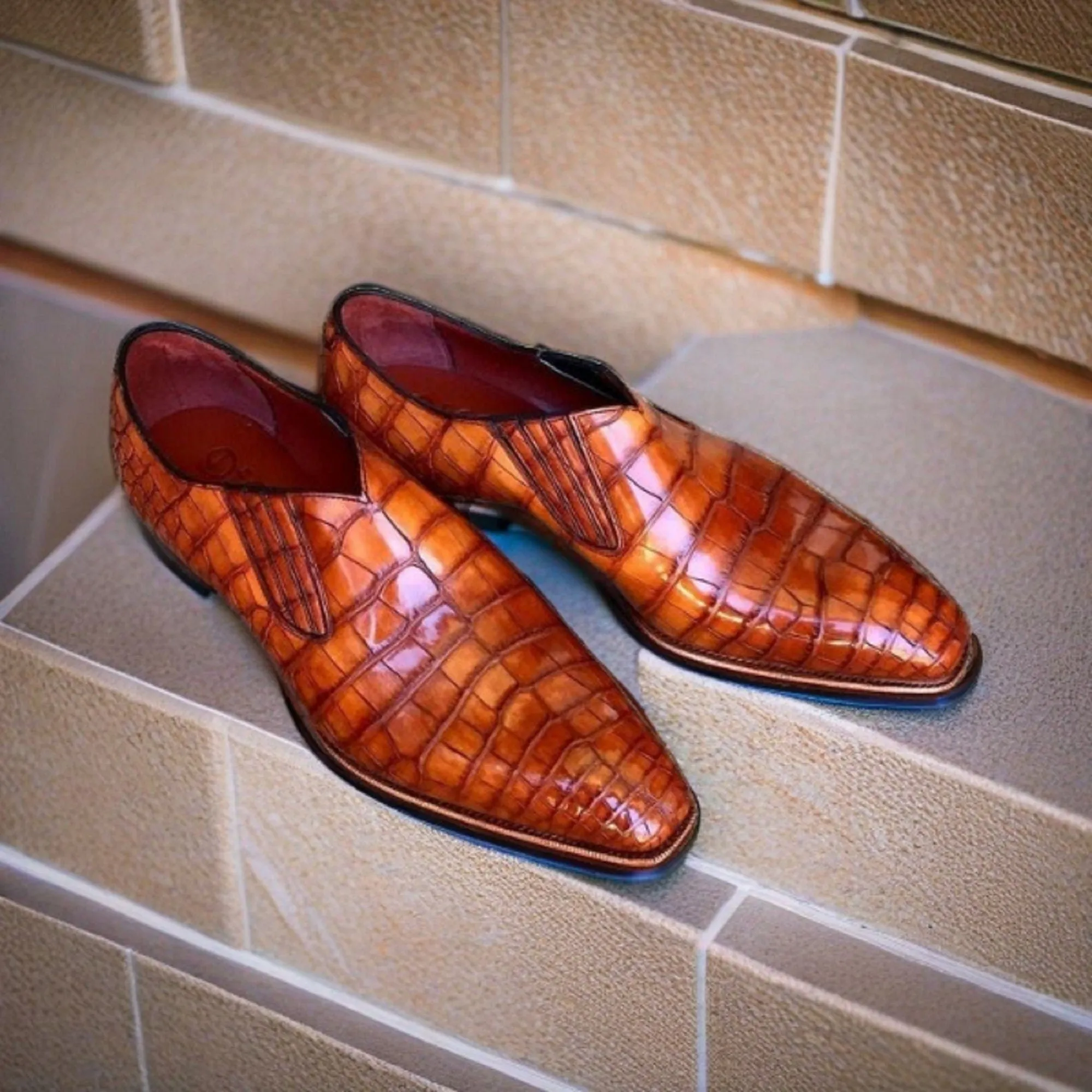 Men's Classic Handmade Brown Tan Crocodile Texture Leather Dress Shoes  Loafer Stylish Slip On Moccasin Shoes