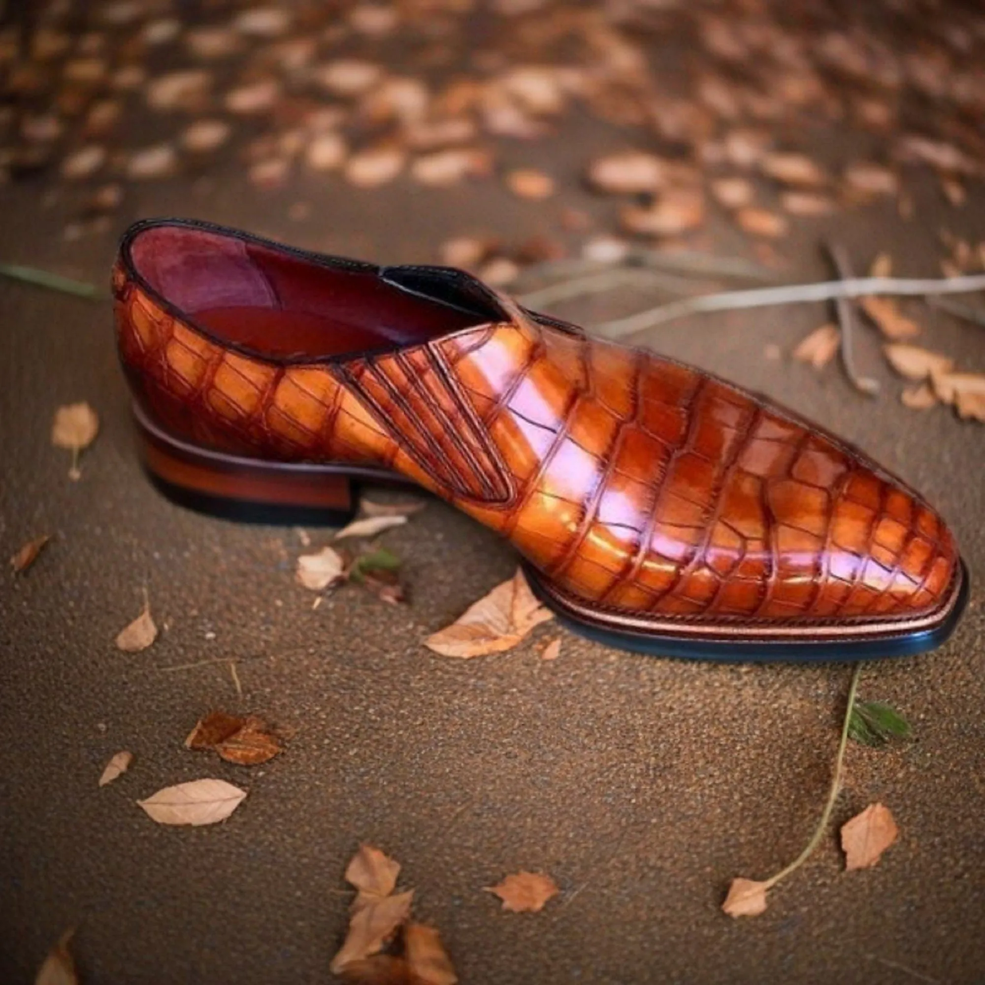 Men's Classic Handmade Brown Tan Crocodile Texture Leather Dress Shoes  Loafer Stylish Slip On Moccasin Shoes