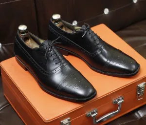 New Men's Handmade Formal Shoes Black Leather Lace Up Stylish Brogue Toe Dress & Formal Wear Shoes