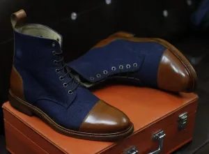 New Men's Handmade Formal Shoes Blue Jeans, Brown Leather Lace Up Ankle High Stylish Cap Toe Dress & Formal Wear Boots