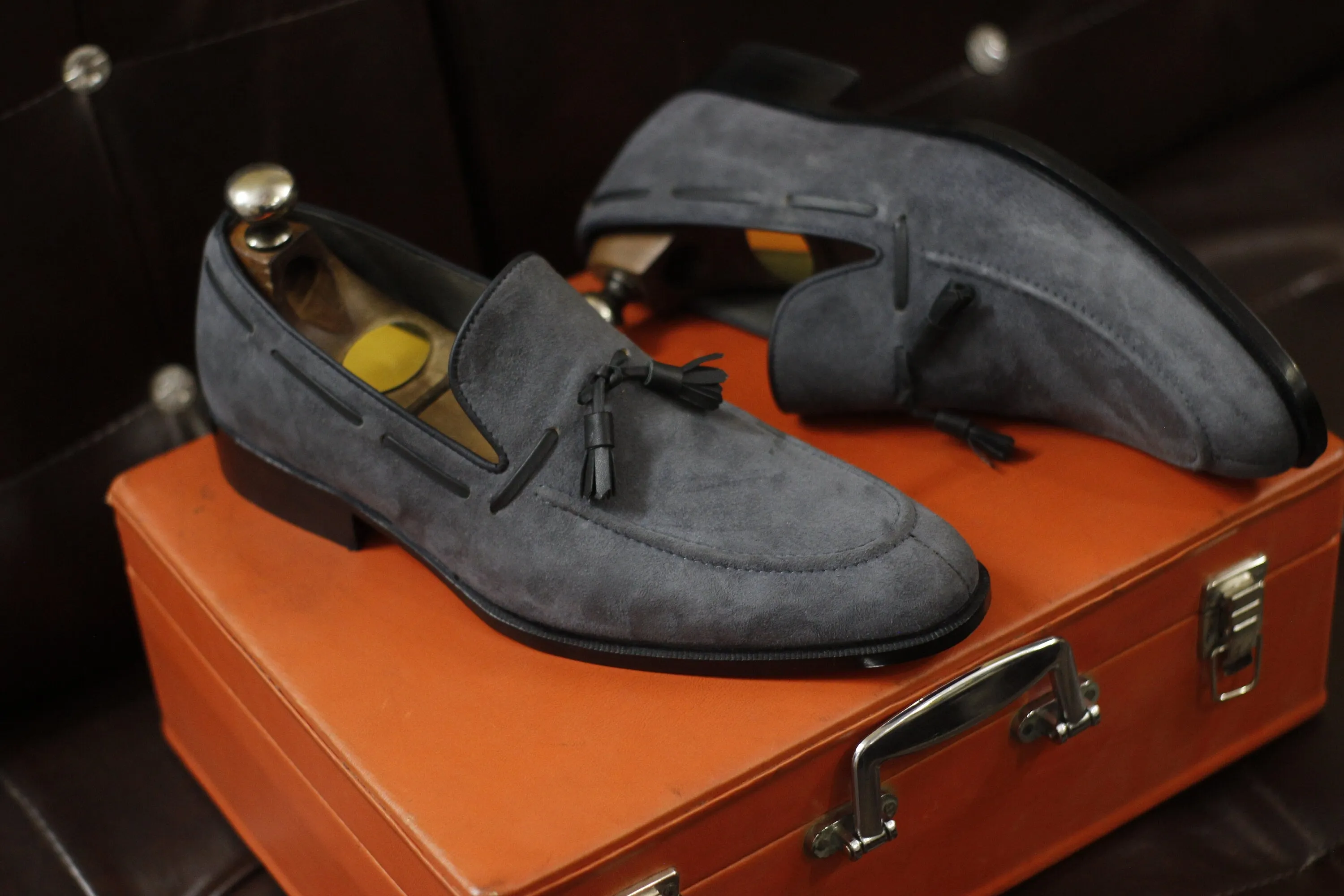 New Men's Handmade Formal Shoes Grey Suede Leather Slip On Stylish Loafer  Black Leather Teasels Dress & Formal Wear Shoes