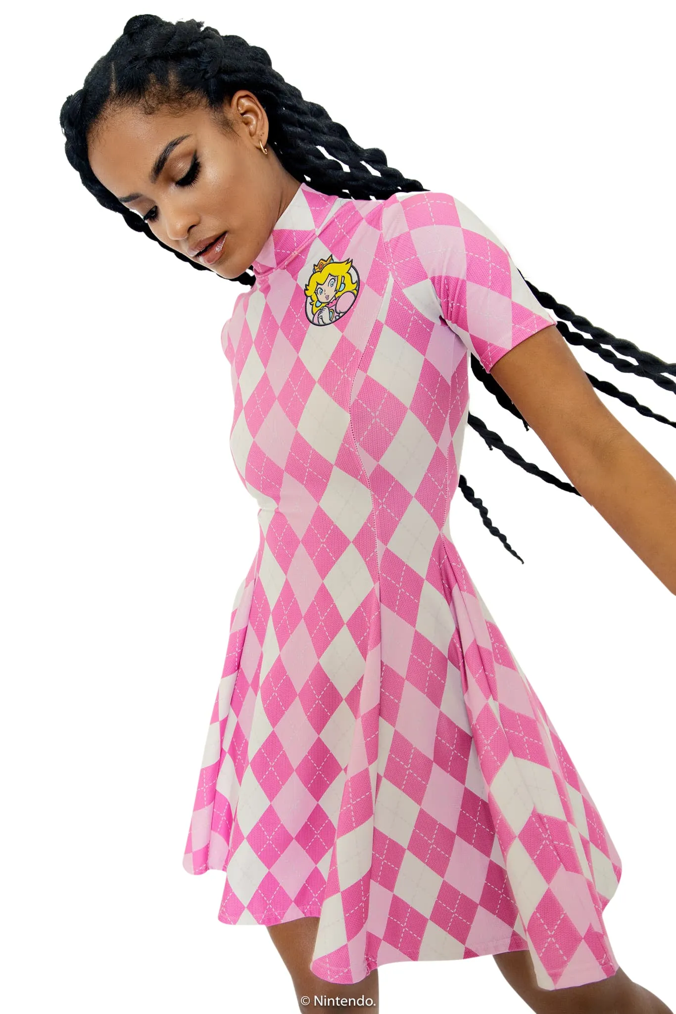 Princess Peach Argyle Short Sleeve Evil Mini Skater Dress