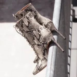 Sexy PU Snakeskin Point Toe Strap High Heel Boots