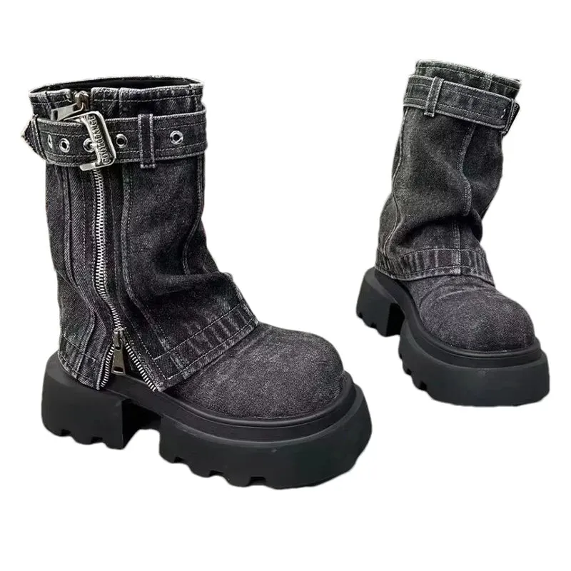 Uniwim Women Cowboy Mid-calf Boots Zipper Platform Mid Heels Designer Shoes Winter New Motorcycle Boots 2024 Fad Trend Mujer Zapatos