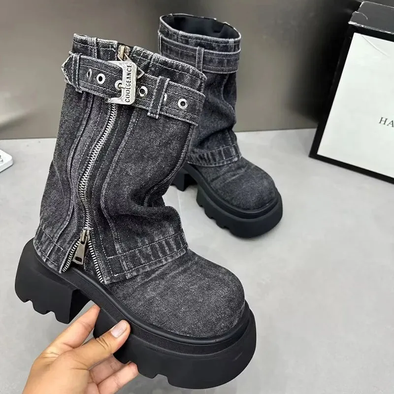 Uniwim Women Cowboy Mid-calf Boots Zipper Platform Mid Heels Designer Shoes Winter New Motorcycle Boots 2024 Fad Trend Mujer Zapatos