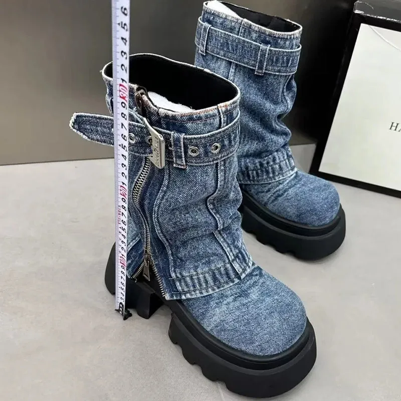 Uniwim Women Cowboy Mid-calf Boots Zipper Platform Mid Heels Designer Shoes Winter New Motorcycle Boots 2024 Fad Trend Mujer Zapatos