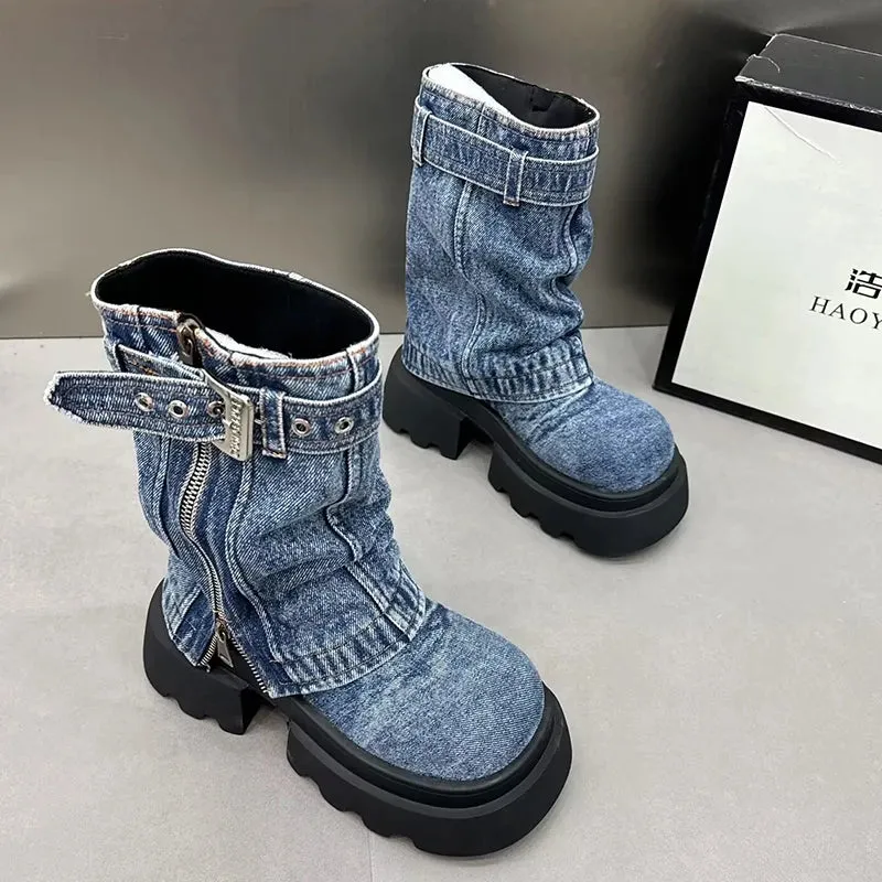 Uniwim Women Cowboy Mid-calf Boots Zipper Platform Mid Heels Designer Shoes Winter New Motorcycle Boots 2024 Fad Trend Mujer Zapatos